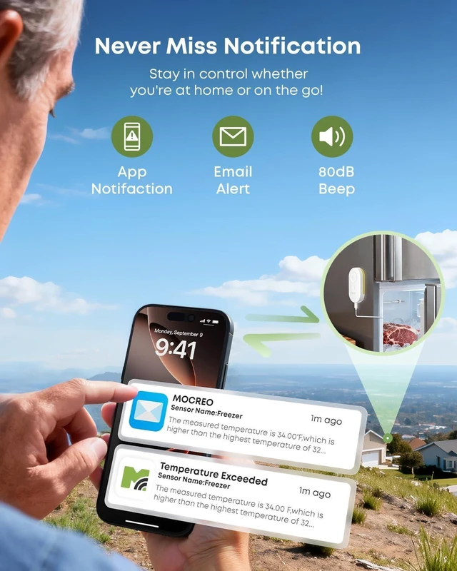 Alt view image 9 of 14 - WiFi Refrigerator Thermometer with Freezer Alarm App, Email & Buzzer Alerts, Power Outage Alert, Pass-Through Hub, 2 Sensors, Ultra-Flat Probe for Home & Kitchen
