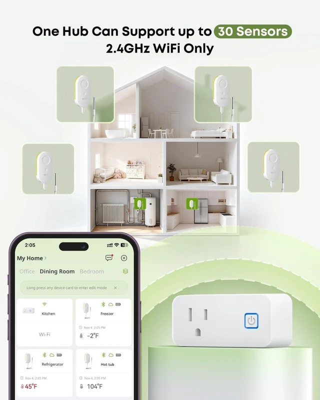 Alt view image 14 of 14 - WiFi Refrigerator Thermometer with Freezer Alarm App, Email & Buzzer Alerts, Power Outage Alert, Pass-Through Hub, 2 Sensors, Ultra-Flat Probe for Home & Kitchen