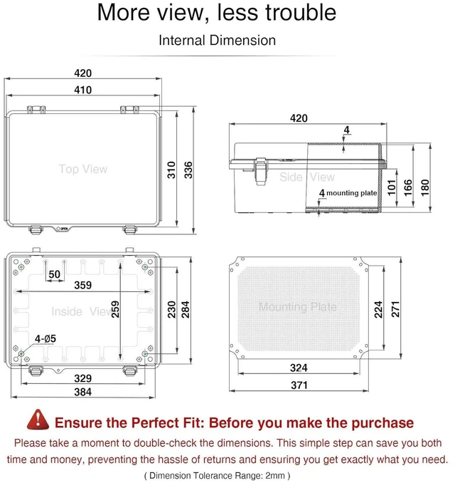 Alt view image 13 of 14 - Waterproof Junction Box IP67 Outdoor Plastic Electrical Project Enclosure Weatherproof with Mounting Plate, Wall Brackets, Hinged Grey Cover 16.1"x12.2"x7.1"