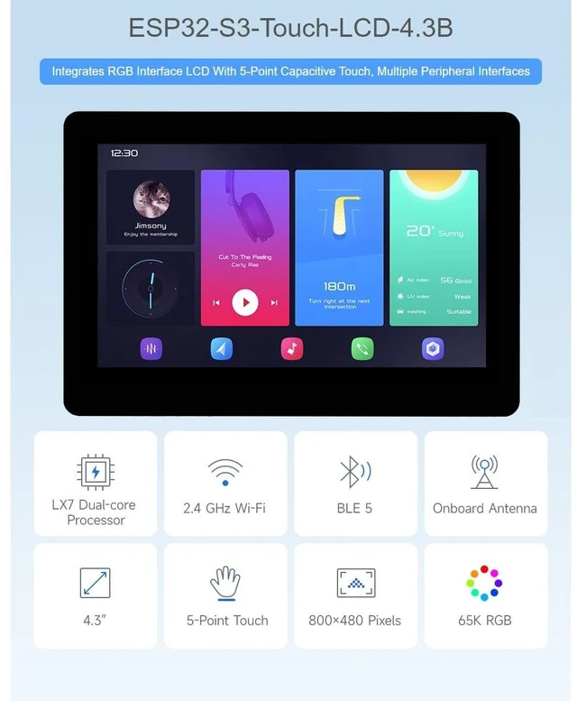 Alt view image 7 of 10 - Waveshare ESP32-S3 4.3inch Capacitive Touch LCD Development Board Type B 800×480 Solution IPS Display with 2.4GHz WiFi and BLE 5 Support,32-bit LX7 Dual-core Processor