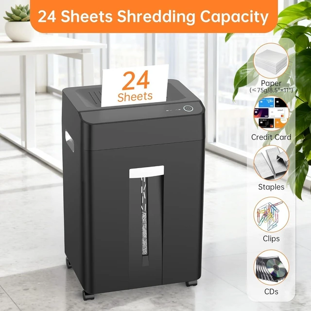 Alt view image 9 of 14 - Heavy Duty Paper Shredder, 24-Sheet Cross-Cut Shredder, P-4 Security with 8.9 Gal Pull-Out Bin, Credit Card/Staple/Clip/CDs Heavy Duty Commercial Shredder for Office Use