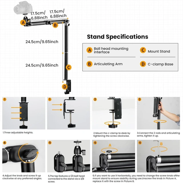 Alt view image 13 of 14 - Desk Camera Mount Stand Heavy Duty Articulated Camera Arm Articulating Table Mount Camera Stand Adjustable Flexible Gear Joints TKA01-L