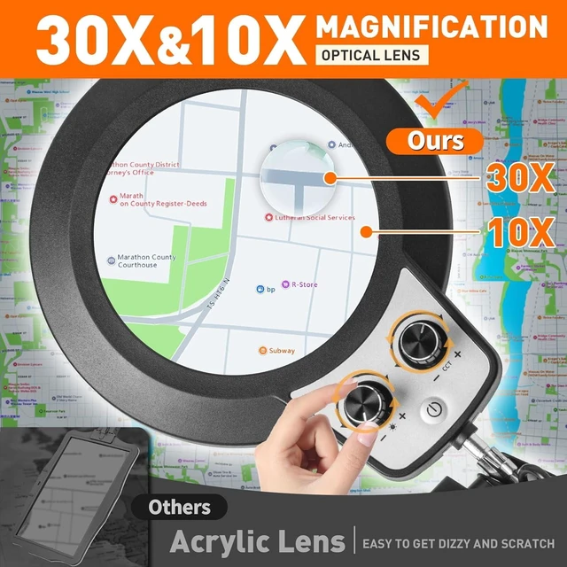 Alt view image 9 of 14 - Magnifying Glass with Light and Stand, 30X 10X LED Lighted Desk Lamp & Clamp, Infinite Color Dimmable, Hands Free Magnifier for Craft Reading Repair Painting Close Work(30X & 10X Rotary Switch)