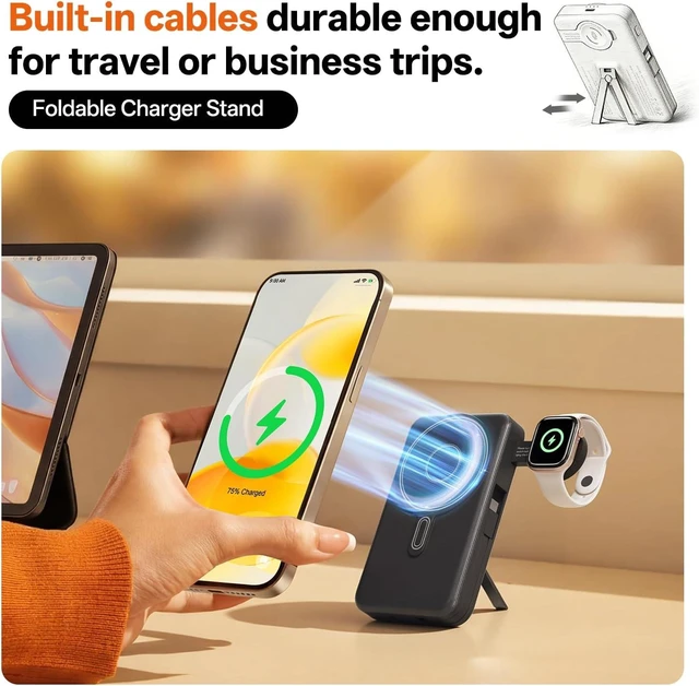 Alt view image 8 of 12 - Magnetic Wireless Portable Charger 10,000mAh, Travel Essentials Power Bank with Built-in Cables & Foldable Stand, External Battery Pack Compatible with iPhone 17/16/15/14/13/12, Apple Watch