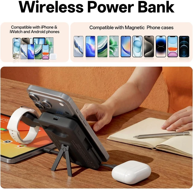Alt view image 10 of 12 - Magnetic Wireless Portable Charger 10,000mAh, Travel Essentials Power Bank with Built-in Cables & Foldable Stand, External Battery Pack Compatible with iPhone 17/16/15/14/13/12, Apple Watch