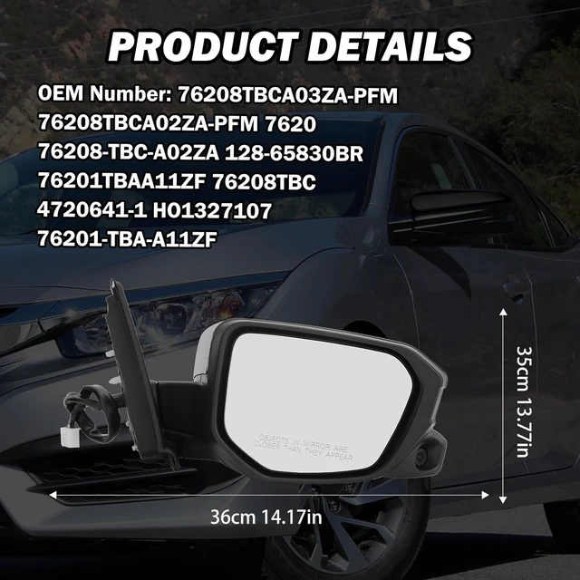 Alt view image 14 of 14 - Passenger Side View Mirror Compatible with 2016-2021 Honda Civic Power Heated With Camera