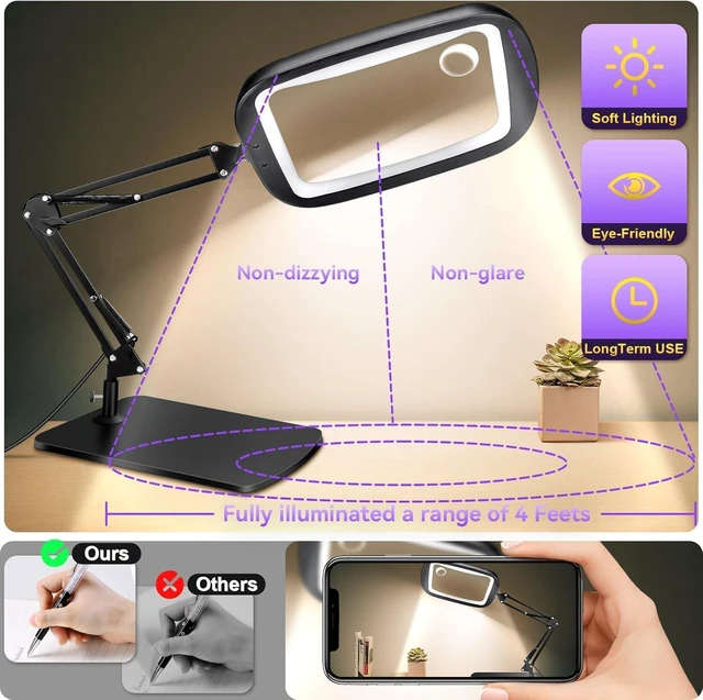 Alt view image 11 of 14 - 10X 30X Extra Large Magnifying Glass with Light and Stand,7-inch Lighted Magnifier,5 Color Modes Stepless Dimmable,Rectangle Hands-Free Magnifying Glass Desk Lamp for Reading Craft Hobby Close Work LB