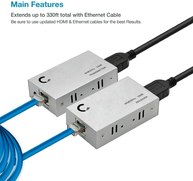 Alt view image 9 of 14 - 4K 330ft HDMI Extender Over Cat5e / Cat6 / Cat7 Ethernet Cable, 1080p, 3D