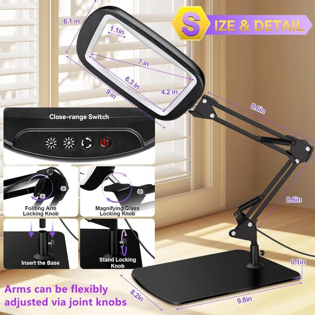 Alt view image 14 of 14 - 10X 30X Extra Large Magnifying Glass with Light and Stand,7-inch Lighted Magnifier,5 Color Modes Stepless Dimmable,Rectangle Hands-Free Magnifying Glass Desk Lamp for Reading Craft Hobby Close Work LB