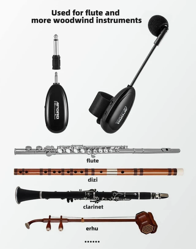 Alt view image 11 of 14 - 2.4G Wireless Flute Microphone Tie on Music Instruments Microphone, Wireless Receiver and Transmitter, for Flute and More