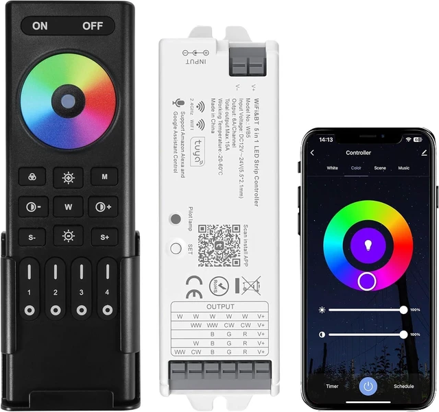 Alt view image 7 of 12 - WB5 WiFi PWM 12V/24V LED Controller with RC03RFB RF Remote Control 4-Zone Group, RGB RGBW RGBCCT Strip Lights Controller Kit Compatible with Alexa Google Home Smart Life Tuya APP Control