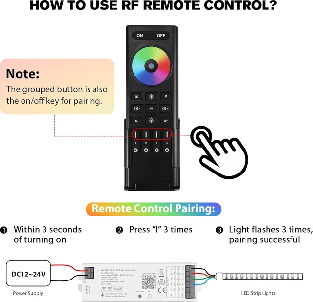 Alt view image 8 of 12 - WB5 WiFi PWM 12V/24V LED Controller with RC03RFB RF Remote Control 4-Zone Group, RGB RGBW RGBCCT Strip Lights Controller Kit Compatible with Alexa Google Home Smart Life Tuya APP Control