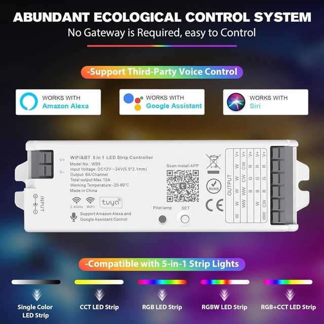 Alt view image 9 of 12 - WB5 WiFi PWM 12V/24V LED Controller with RC03RFB RF Remote Control 4-Zone Group, RGB RGBW RGBCCT Strip Lights Controller Kit Compatible with Alexa Google Home Smart Life Tuya APP Control