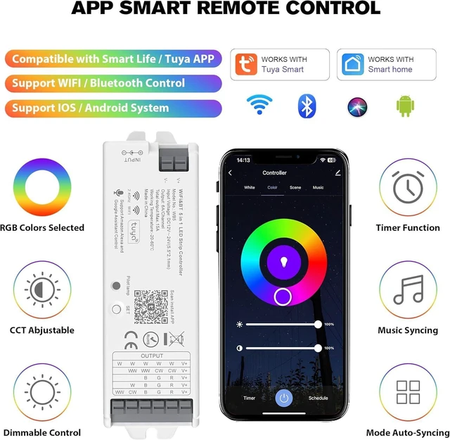 Alt view image 10 of 12 - WB5 WiFi PWM 12V/24V LED Controller with RC03RFB RF Remote Control 4-Zone Group, RGB RGBW RGBCCT Strip Lights Controller Kit Compatible with Alexa Google Home Smart Life Tuya APP Control