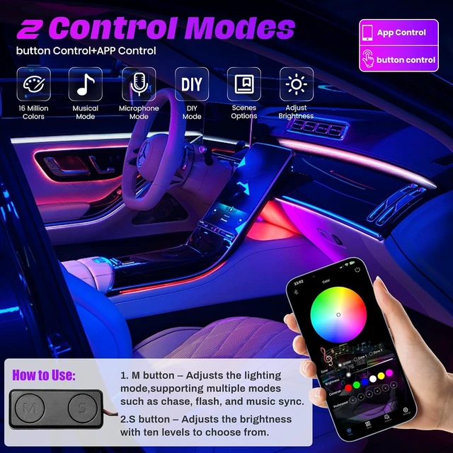 Alt view image 12 of 14 - Acrylic Interior Car LED Strip Lights,dreamcolor 6-in-1 Car Ambient Lighting Kit, with APP Control, 622 LED Fiber Optic Strip Lights for Cars,Supports Neon Sync with Music DIY Mode