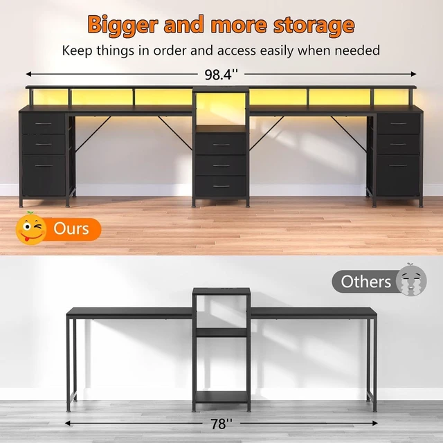 Alt view image 14 of 14 - 98.4" Long Computer Desk with 9 Drawers, 2 Person Gaming Desk with LED Lights & Power Outlet, Two Person Home Office Desk with Storage, Printer Shelf Monitor Stand, Black