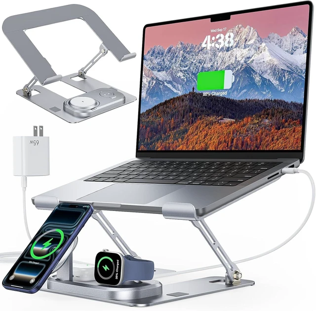 Alt view image 8 of 14 - Laptop Stand for Desk with Wireless Charging Base Foldable Aluminum MacBook Stand, MagSafe Charger for iPhone/iWatch/AirPods, 30W USB-C, 65W Adapter