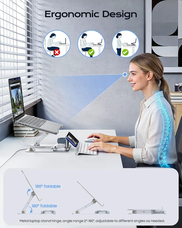 Alt view image 10 of 14 - Laptop Stand for Desk with Wireless Charging Base Foldable Aluminum MacBook Stand, MagSafe Charger for iPhone/iWatch/AirPods, 30W USB-C, 65W Adapter