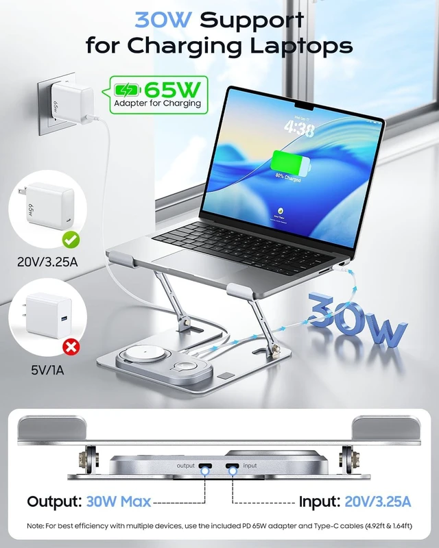 Alt view image 9 of 14 - Laptop Stand for Desk with Wireless Charging Base Foldable Aluminum MacBook Stand, MagSafe Charger for iPhone/iWatch/AirPods, 30W USB-C, 65W Adapter