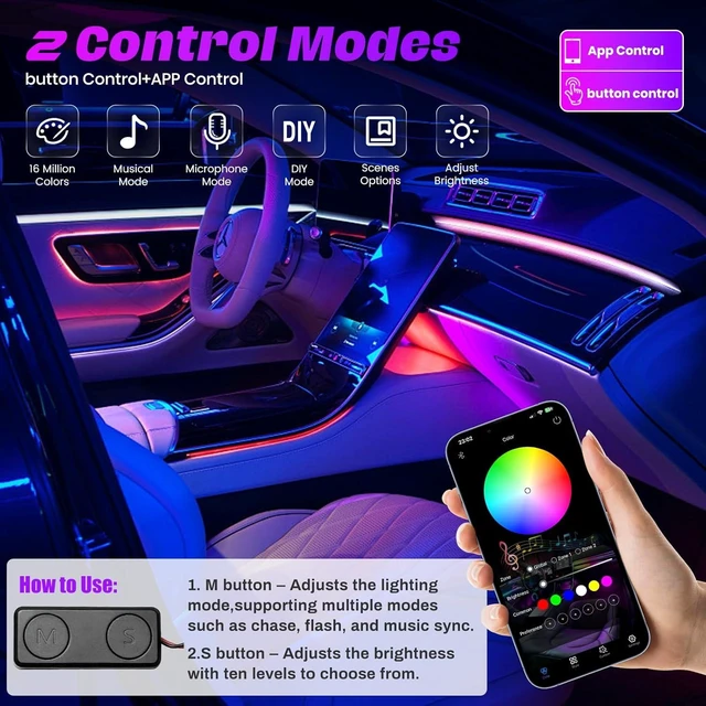 Alt view image 12 of 14 - Acrylic Interior Car LED Strip Lights, Dreamcolor 18-in-1 Car Ambient Lighting Kit, with APP Control, 622 LED Fiber Optic Strip Lights for Cars, Supports Neon Sync with Music DIY Mode.