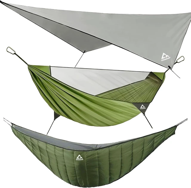 Alt view image 8 of 14 - Camping Hammock with Mosquito Net, Underquilt & Rain Fly Tarp 2 Person Portable Backpacking Hammock Set for Hiking, Backpacking, Travel, Backyard, Beach Holds Up to 500lbs (Green)