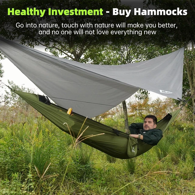 Alt view image 9 of 14 - Camping Hammock with Mosquito Net, Underquilt & Rain Fly Tarp 2 Person Portable Backpacking Hammock Set for Hiking, Backpacking, Travel, Backyard, Beach Holds Up to 500lbs (Green)
