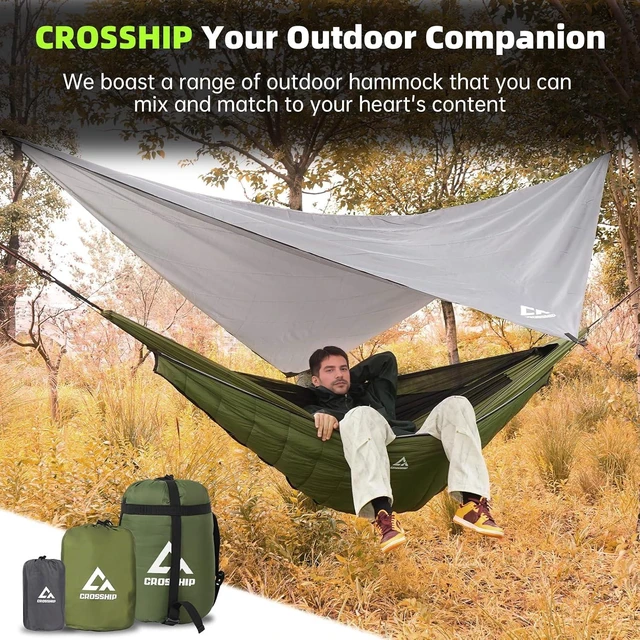 Alt view image 13 of 14 - Camping Hammock with Mosquito Net, Underquilt & Rain Fly Tarp 2 Person Portable Backpacking Hammock Set for Hiking, Backpacking, Travel, Backyard, Beach Holds Up to 500lbs (Green)