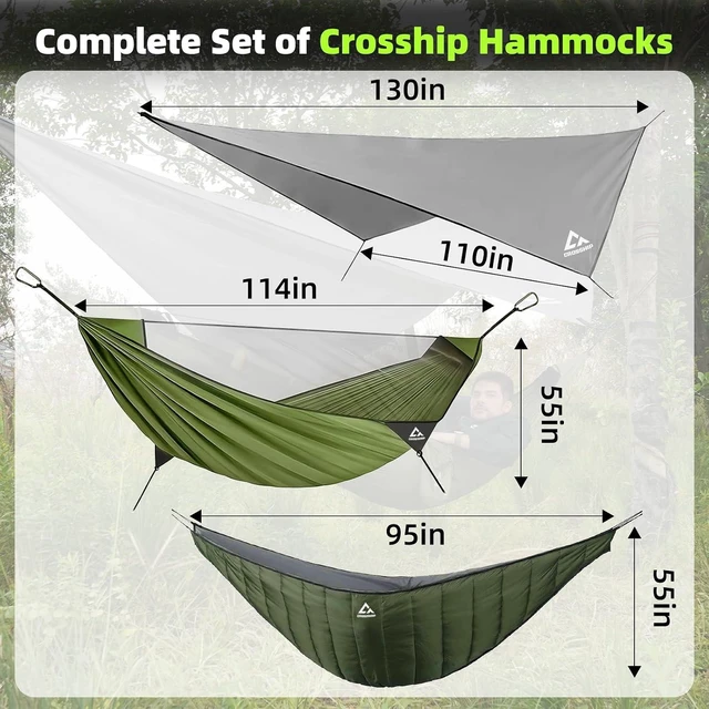 Alt view image 12 of 14 - Camping Hammock with Mosquito Net, Underquilt & Rain Fly Tarp 2 Person Portable Backpacking Hammock Set for Hiking, Backpacking, Travel, Backyard, Beach Holds Up to 500lbs (Green)