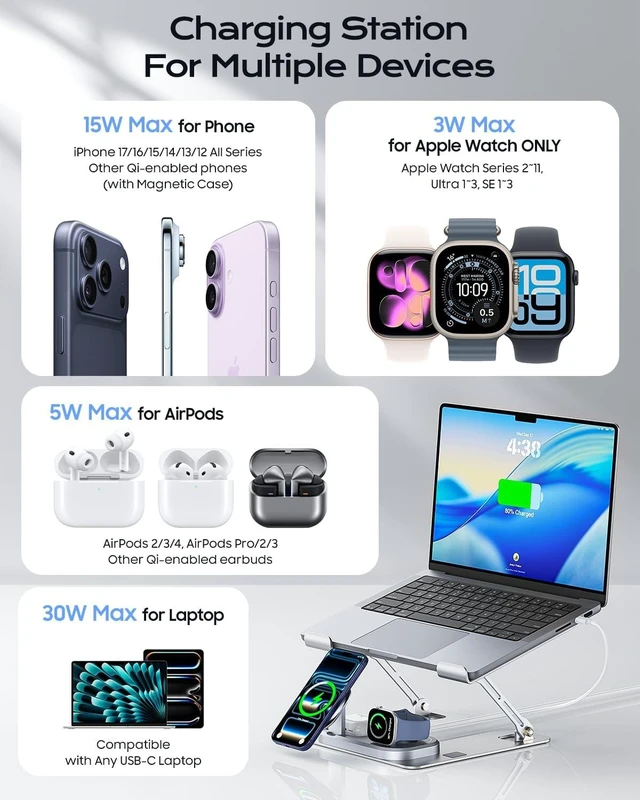 Alt view image 12 of 14 - Laptop Stand for Desk with Wireless Charging Base Foldable Aluminum MacBook Stand, MagSafe Charger for iPhone/iWatch/AirPods, 30W USB-C, 65W Adapter