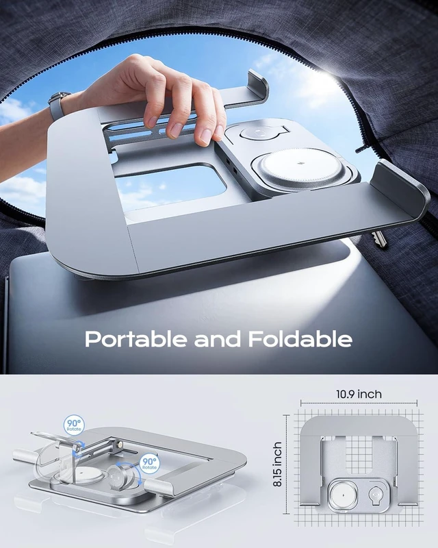 Alt view image 14 of 14 - Laptop Stand for Desk with Wireless Charging Base Foldable Aluminum MacBook Stand, MagSafe Charger for iPhone/iWatch/AirPods, 30W USB-C, 65W Adapter