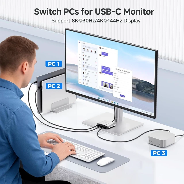 Alt view image 10 of 14 - Cable Matters 20Gbps USB C Switch, 3-in-1-Out, Supports Up to 8K@30Hz on Windows, 4K@60Hz on macOS, 140W PD, for Sharing a USB-C/Thunderbolt 4 Monitor or Dock (Not Work with Captive Cable Docks)