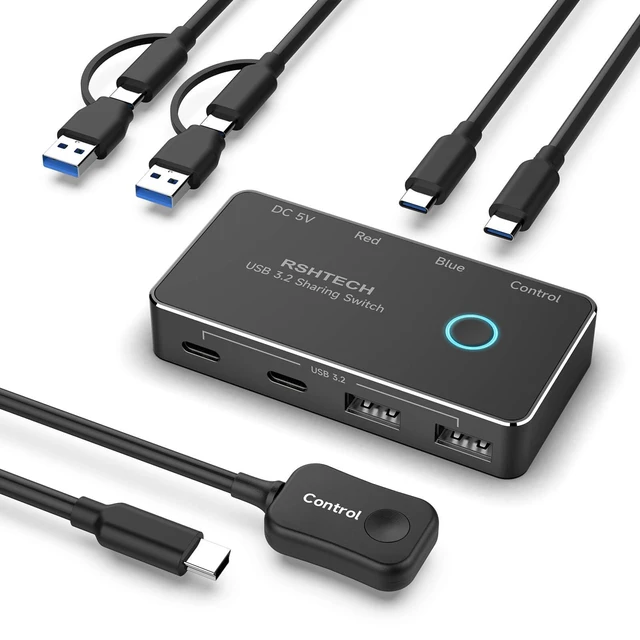Alt view image 6 of 10 - RSHTECH USB 3.2/USB C Switch 10Gbps 2 Computers Share 4 USB 3.2 Ports(2 USB-A 2 USB-C), USB Switcher Selector with 2 Cables and Controller for PC Laptop Keyboard Mouse