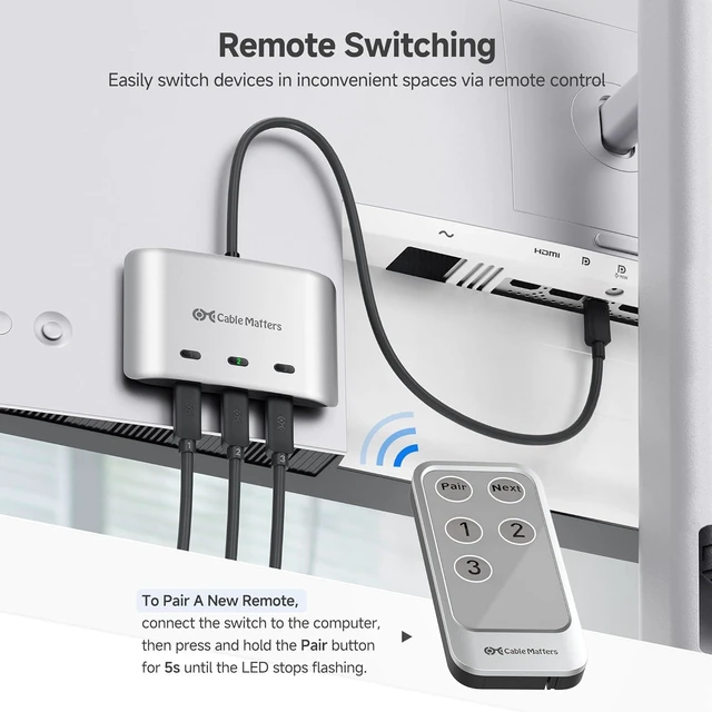 Alt view image 14 of 14 - Cable Matters 20Gbps USB C Switch, 3-in-1-Out, Supports Up to 8K@30Hz on Windows, 4K@60Hz on macOS, 140W PD, for Sharing a USB-C/Thunderbolt 4 Monitor or Dock (Not Work with Captive Cable Docks)