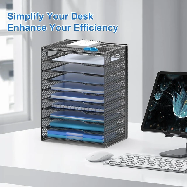 Alt view image 8 of 12 - 10 Tier Paper Organizer - Letter Tray Mesh Desk File Organizer with Handles for Office School Desktop, Black 2 Pack
