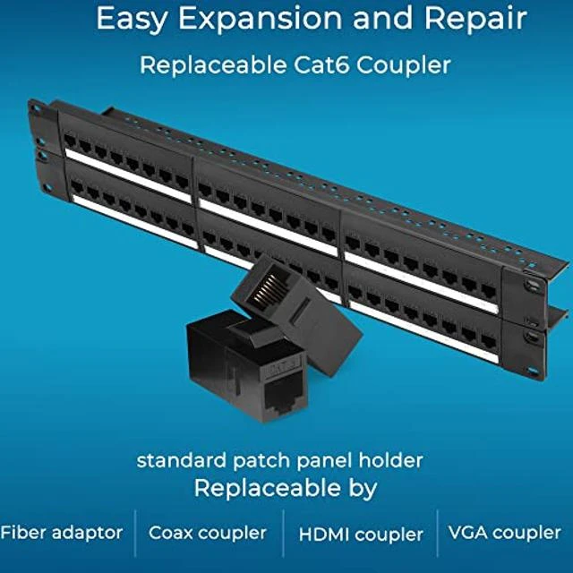 Alt view image 9 of 10 - Rapink Patch Panel 48 Port Cat6 with Inline Keystone 10G Support, Pass-Thru Coupler Patch Panel UTP 19-Inch with Removable Back Bar, 1U Network Patch Panel for Cat6, Cat5e, Cat5 Cabling