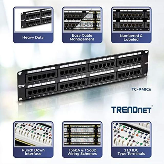 Alt view image 7 of 10 - TRENDnet 48-Port Cat6 Unshielded Patch Panel, Wallmount or Rackmount, Compatible with Cat3,4,5,5e,6 Cabling, for Ethernet, Fast Ethernet, Gigabit Applications, Black, TC-P48C6