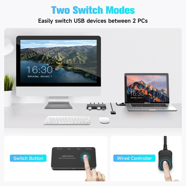 Alt view image 10 of 10 - RSHTECH USB 3.2/USB C Switch 10Gbps 2 Computers Share 4 USB 3.2 Ports(2 USB-A 2 USB-C), USB Switcher Selector with 2 Cables and Controller for PC Laptop Keyboard Mouse