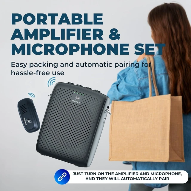 Alt view image 14 of 14 - WinBridge Wireless Voice Amplifier with Bluetooth Lavalier Lapel Microphone for Teachers,Portable Speaker and Wireless Clip On Microphone System, Mini Megaphone Speaker Mic Set 15W 2600mAh WB005
