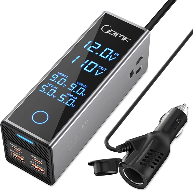 Alt view image 8 of 14 - 300W Car Power Inverter 12V DC to 110V AC Outlet Adapter, 4 Fast USB Ports with PD 36W & QC3.0, LCD Voltage Display, Stackable for Laptop, CPAP & Road Trips