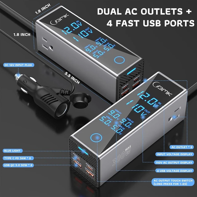 Alt view image 10 of 14 - 300W Car Power Inverter 12V DC to 110V AC Outlet Adapter, 4 Fast USB Ports with PD 36W & QC3.0, LCD Voltage Display, Stackable for Laptop, CPAP & Road Trips