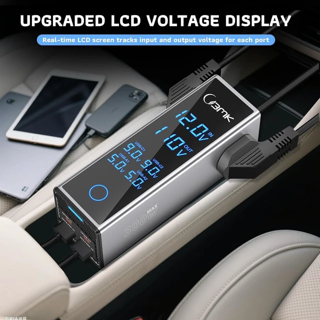 Alt view image 11 of 14 - 300W Car Power Inverter 12V DC to 110V AC Outlet Adapter, 4 Fast USB Ports with PD 36W & QC3.0, LCD Voltage Display, Stackable for Laptop, CPAP & Road Trips