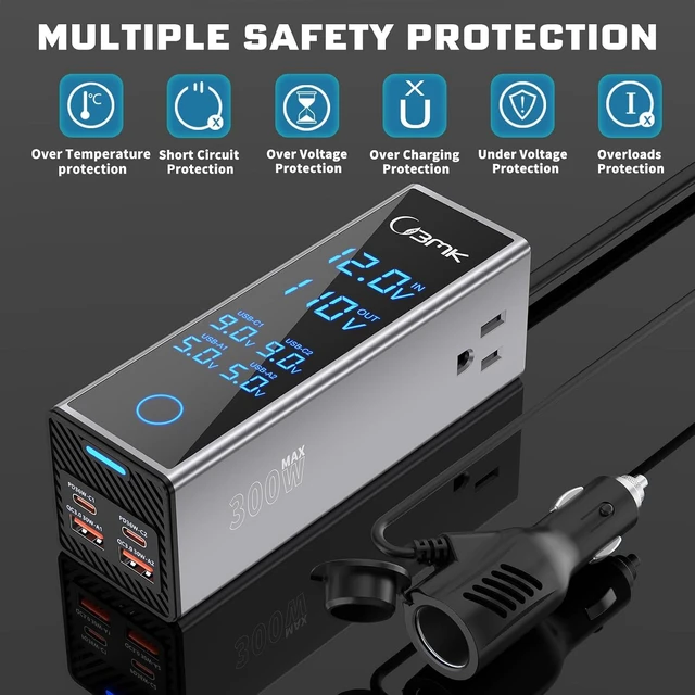 Alt view image 13 of 14 - 300W Car Power Inverter 12V DC to 110V AC Outlet Adapter, 4 Fast USB Ports with PD 36W & QC3.0, LCD Voltage Display, Stackable for Laptop, CPAP & Road Trips