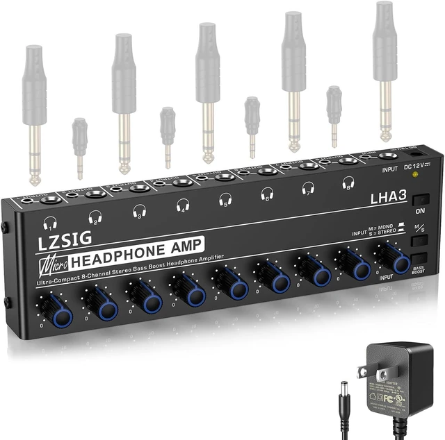 Alt view image 8 of 14 - Headphone Amplifier 8 Channel Metal Stereo Audio Amplifier with Bass Boost, Mini Earphone Splitter with Power Adapter,1/4" & 1/8" TRS Headphones Output and TRS Audio Input for Sound Mixer,DC 12V