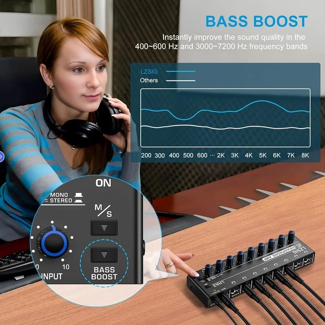Alt view image 10 of 14 - Headphone Amplifier 8 Channel Metal Stereo Audio Amplifier with Bass Boost, Mini Earphone Splitter with Power Adapter,1/4" & 1/8" TRS Headphones Output and TRS Audio Input for Sound Mixer,DC 12V