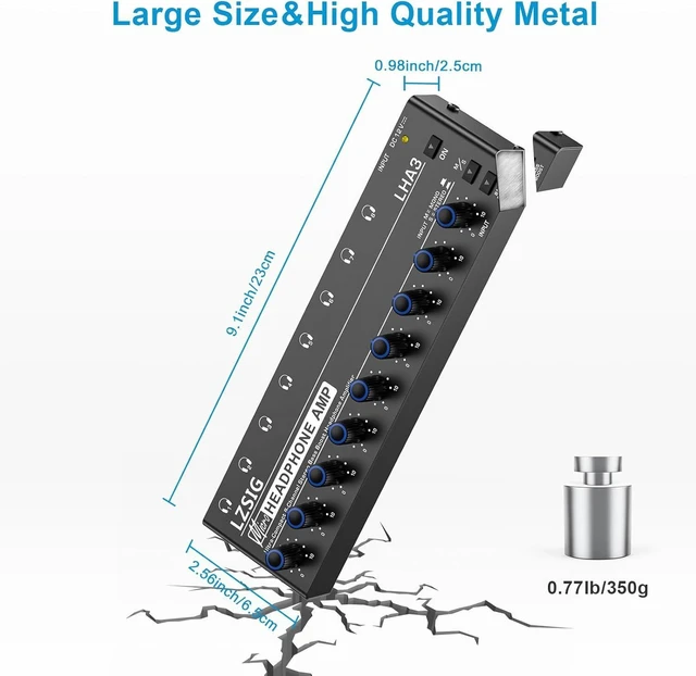 Alt view image 14 of 14 - Headphone Amplifier 8 Channel Metal Stereo Audio Amplifier with Bass Boost, Mini Earphone Splitter with Power Adapter,1/4" & 1/8" TRS Headphones Output and TRS Audio Input for Sound Mixer,DC 12V