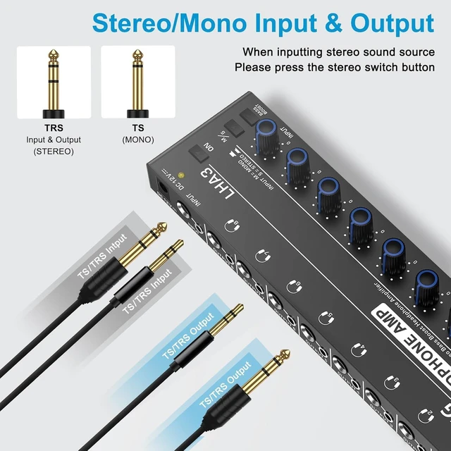 Alt view image 13 of 14 - Headphone Amplifier 8 Channel Metal Stereo Audio Amplifier with Bass Boost, Mini Earphone Splitter with Power Adapter,1/4" & 1/8" TRS Headphones Output and TRS Audio Input for Sound Mixer,DC 12V