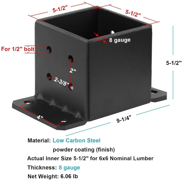 Alt view image 7 of 10 - 2 PCS 6x6 Post Base, Heavy Duty Steel Fence Post Base, Anchor Deck Supports Porch Railing Holders, Inner Size 5-1/2" for 6x6 Nominal Lumber, Thickness 5/32"(8 Gauge)
