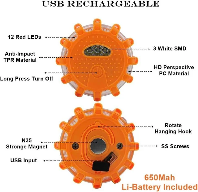 Alt view image 9 of 14 - USB Rechargeable LED Road Flares Emergency Lights-Roadside Warning Car Safety Beacon Flashing Disc Flare Kit with Magnetic Base for Vehicles & Boat | 12 Beacon Disc Pack