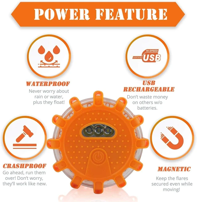 Alt view image 10 of 14 - USB Rechargeable LED Road Flares Emergency Lights-Roadside Warning Car Safety Beacon Flashing Disc Flare Kit with Magnetic Base for Vehicles & Boat | 12 Beacon Disc Pack