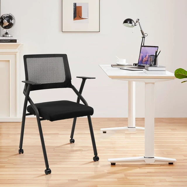 Alt view image 9 of 14 - CLATINA Ergonomic Stackable & Foldable Conference Room Chairs, Mesh Office Chair with Arms and Wheels for Office Waiting Room Meeting Black Lobby Church School Receptions and Training Black (8 pk)